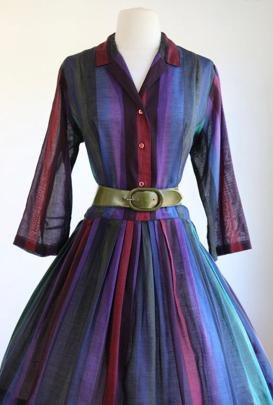 Vintage 1950s Dress - Volup! Autumn Jeweltone Rainbow Stripe Cotton Voile Shirtwaist Size XL