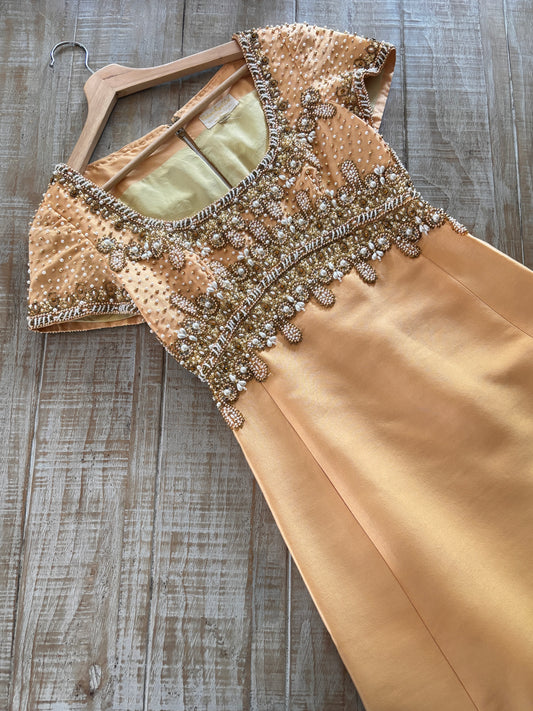 Vintage 1960s Beaded Dress - Pale Butterscotch Heavily Beaded Designer Cocktail Dress Size S