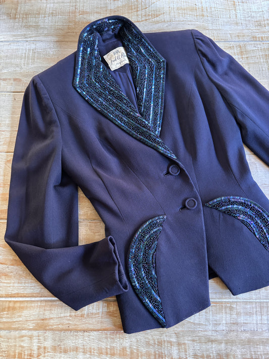 Vintage 1940s Cocktail Jacket - Coveted Fred A. Block "FAB" Blue Wool Princess w Aurora Borealis Beaded Crescent Moons Size M