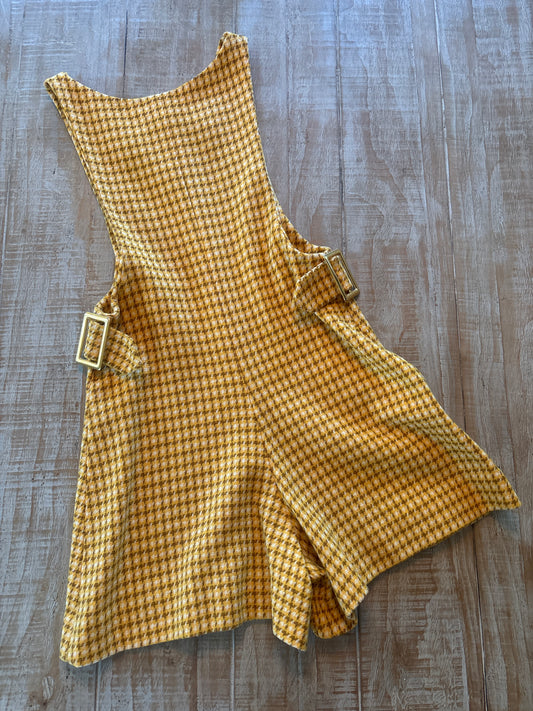 Vintage 1960s Mod Wool Romper - Mustard Cocoa Houndstooth Check w Big Brass Buckles Playsuit Size XS to S