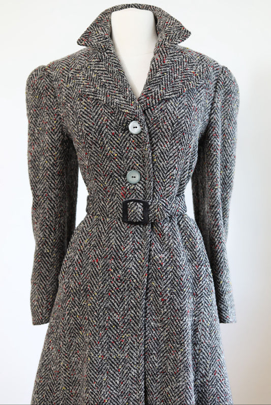 Vintage 1940s Wool Tweed Princess Coat - Beautiful Tailored Colorful Fleck Belted Coat Size S to M