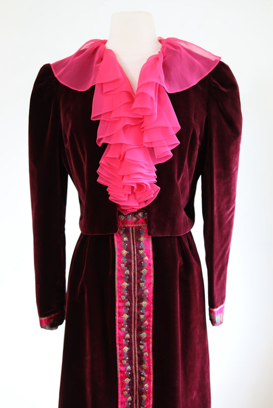Vintage 1960s Designer Cocktail Set - Jaw-dropping Wine + Hot Pink Jabot Velvet + Satin Dress + Puff Jacket Size M