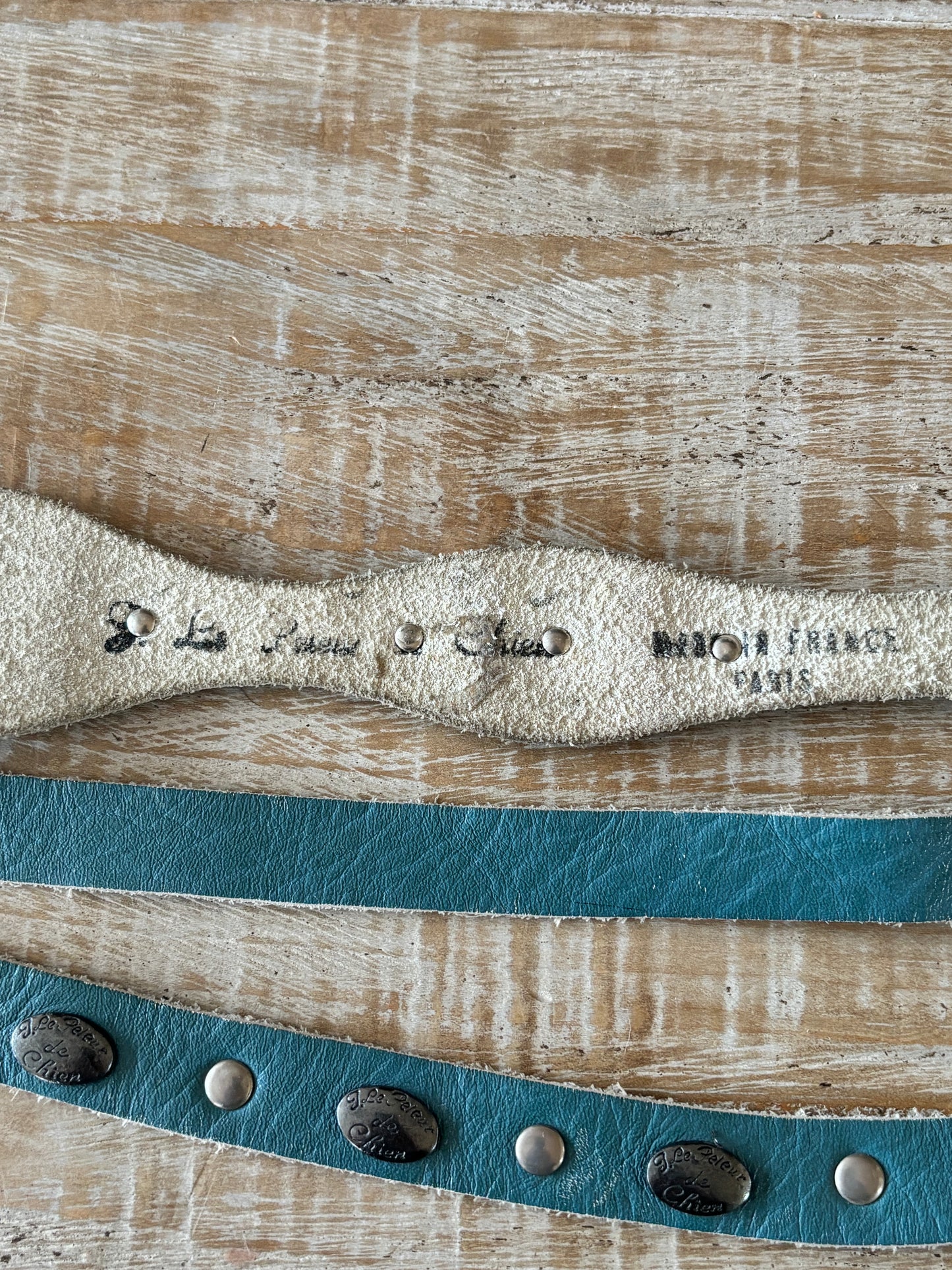 BELTOPIA! Vintage 1980s French Boho-Western Belt - Delphite Blue "J. Le Peleur de Chien" Designer w Silver Conchos Double Buckle Belt Size M to L