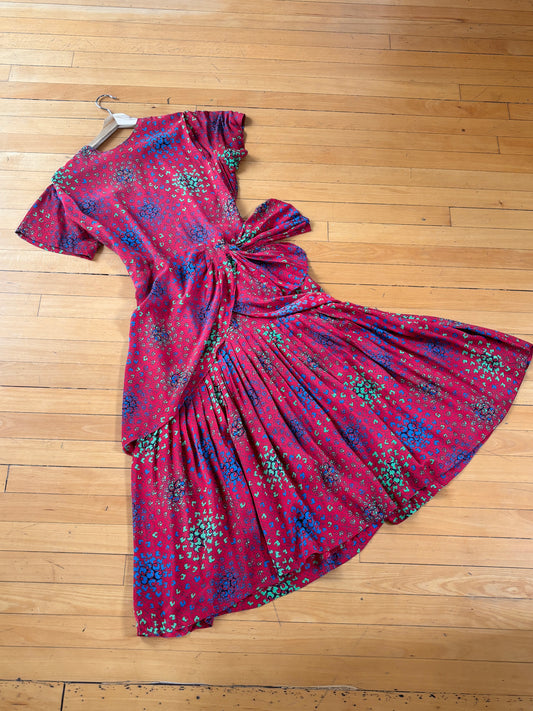 Vintage 1940s Dress - Scarlet, Blue, Lime Deco Print Draped Cold Rayon Dress Size M to L