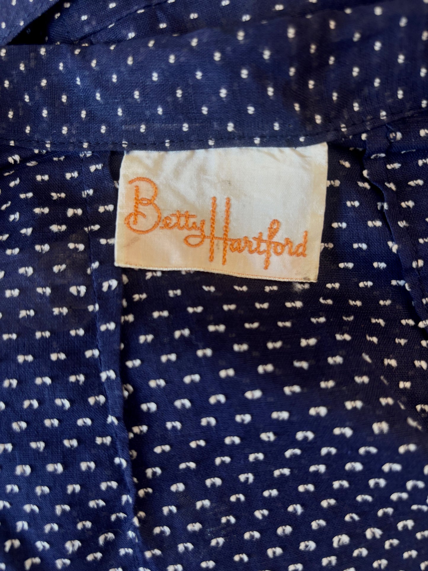 Vintage 1940s Coat Dress - Navy Blue Dotted Swiss Betty Hartford w Embroidery + Cute Buttons Size L to XL