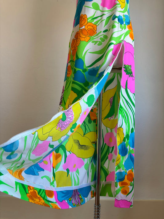 Vintage 1960s Dress - Muriel Ryan for Serbin DayGlo Mod Floral Print Maxi Sundress w Zipper Slit Size S