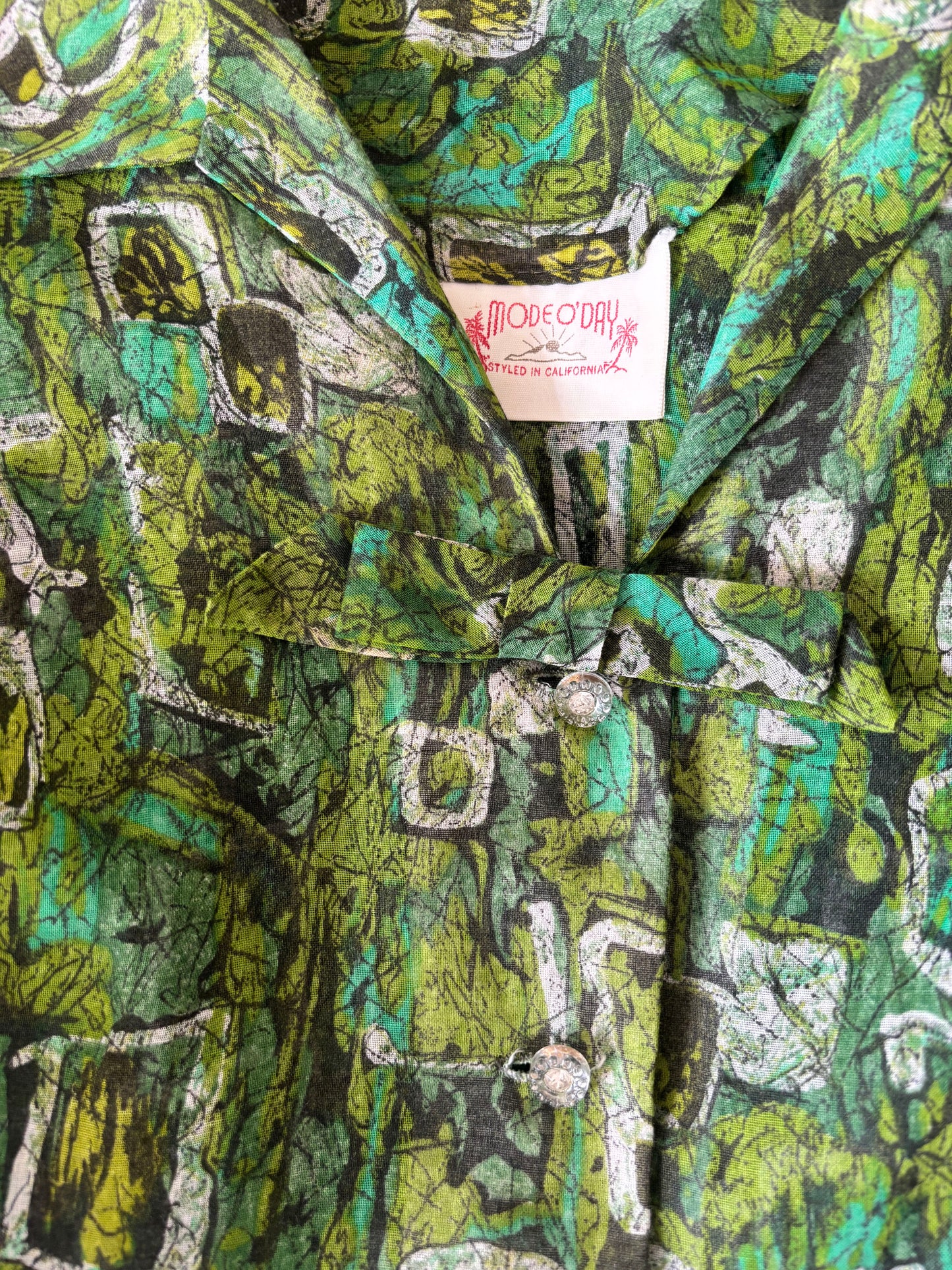 Vintage 1950s Dress - Chartreuse + Aqua Midcentury Modern Print Mode O' Day Cotton Gauze Shirtwaist Size L