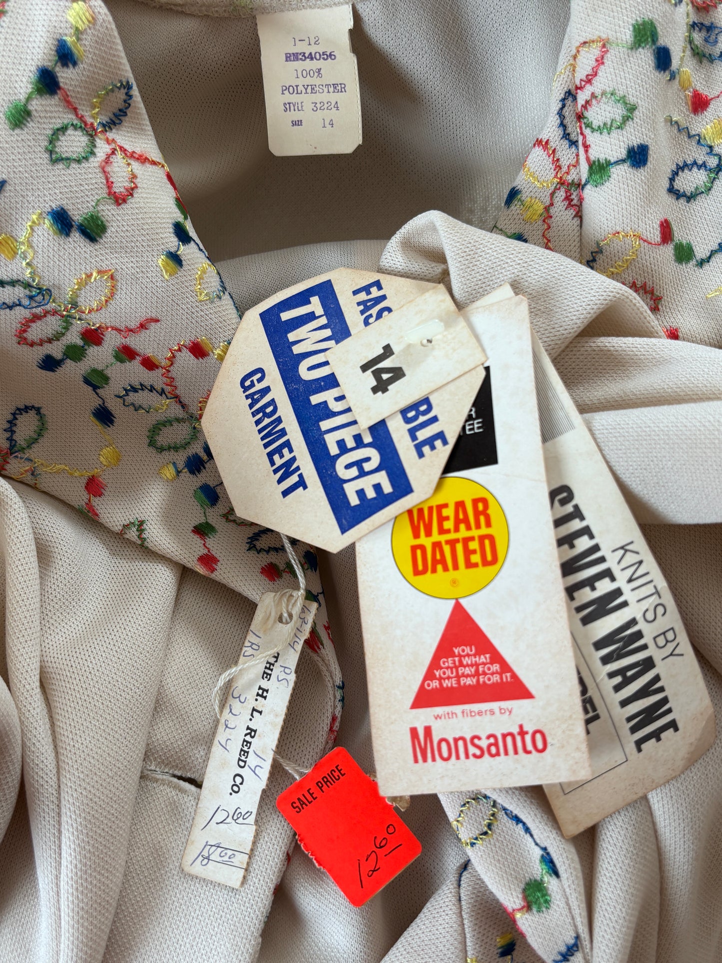 Vintage 1970s Deadstock Knitwear Pant Suit - RAINBOW Embroidered Ivory Princess Seam Knit Jacket + Flare Pantsuit Size M L XL