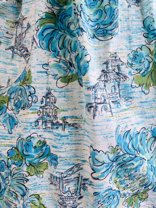 Vintage 1950s to 1960s Novelty Print Dress - PAGODA + PEONY GARDEN Aqua Olive Cotton Sundress Size L
