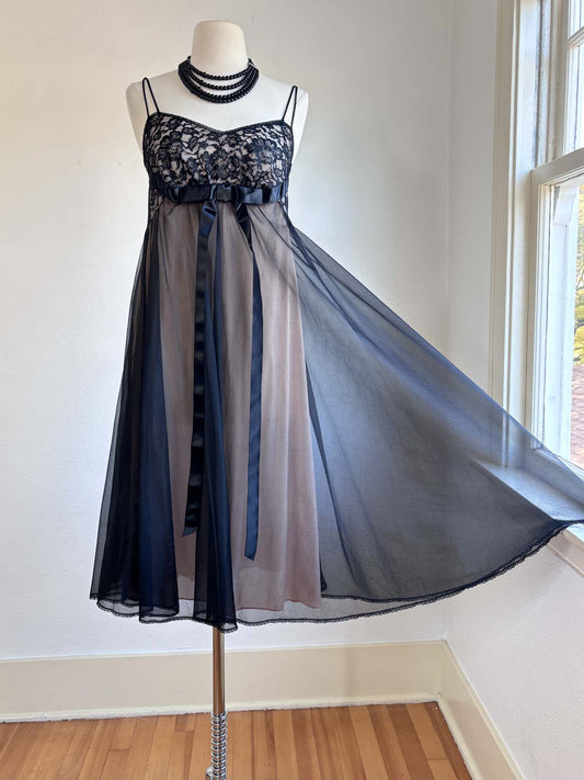 Vintage 1950s to 1960s Vanity Fair Nightgown - BLACK PEEKABOO VIXEN Chiffon + Lace Strappy Gown Size 34 S