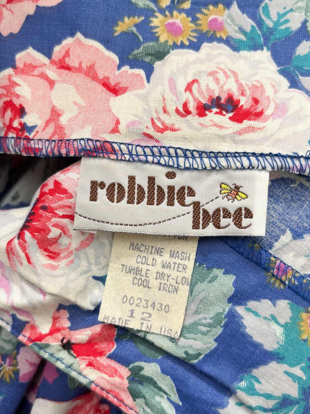 Vintage 1980s Dress - French Blue Pink Red Rose Print Robbie Bee Cotton Princess Belted Sundress Size M to L