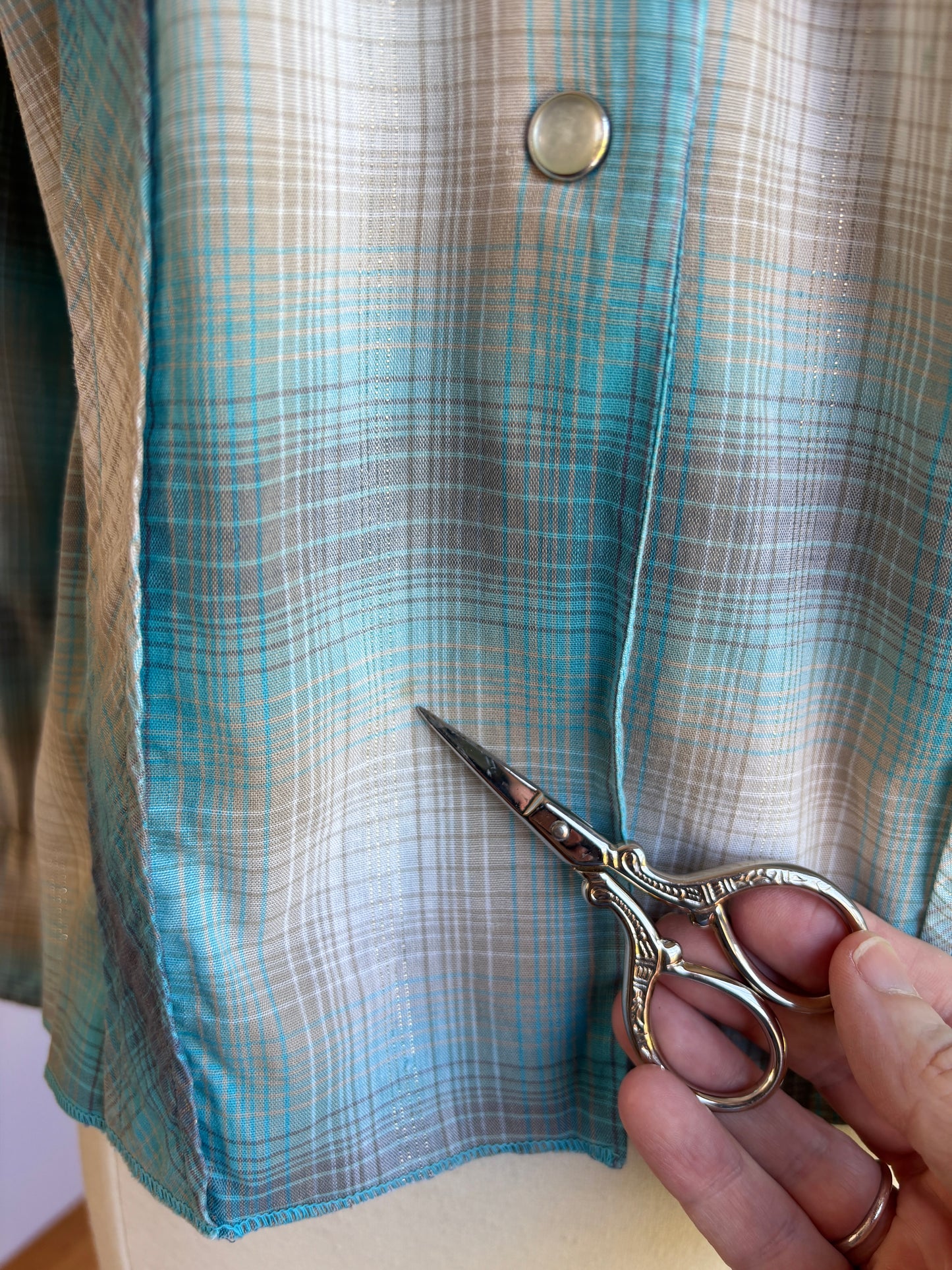 Vintage 1950s to 1960s H Bar C Blouse - Aqua Silver Western Cotton Fitted Pearl Snap Top Size S to M