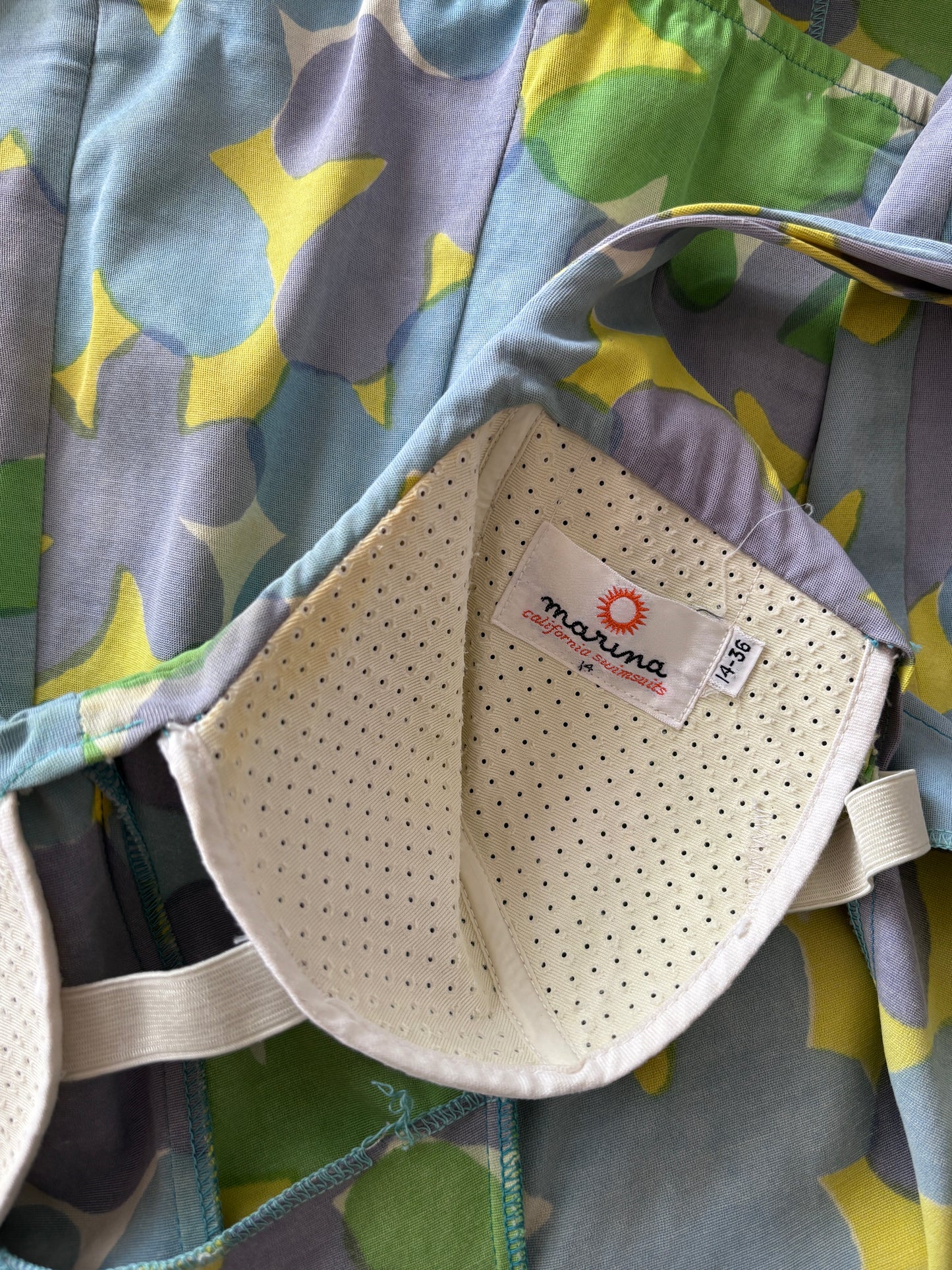 Vintage 1960s Swimsuit - MOD Blue Lime Chartreuse Flower Power Princess Seam Bathing Suit Size M