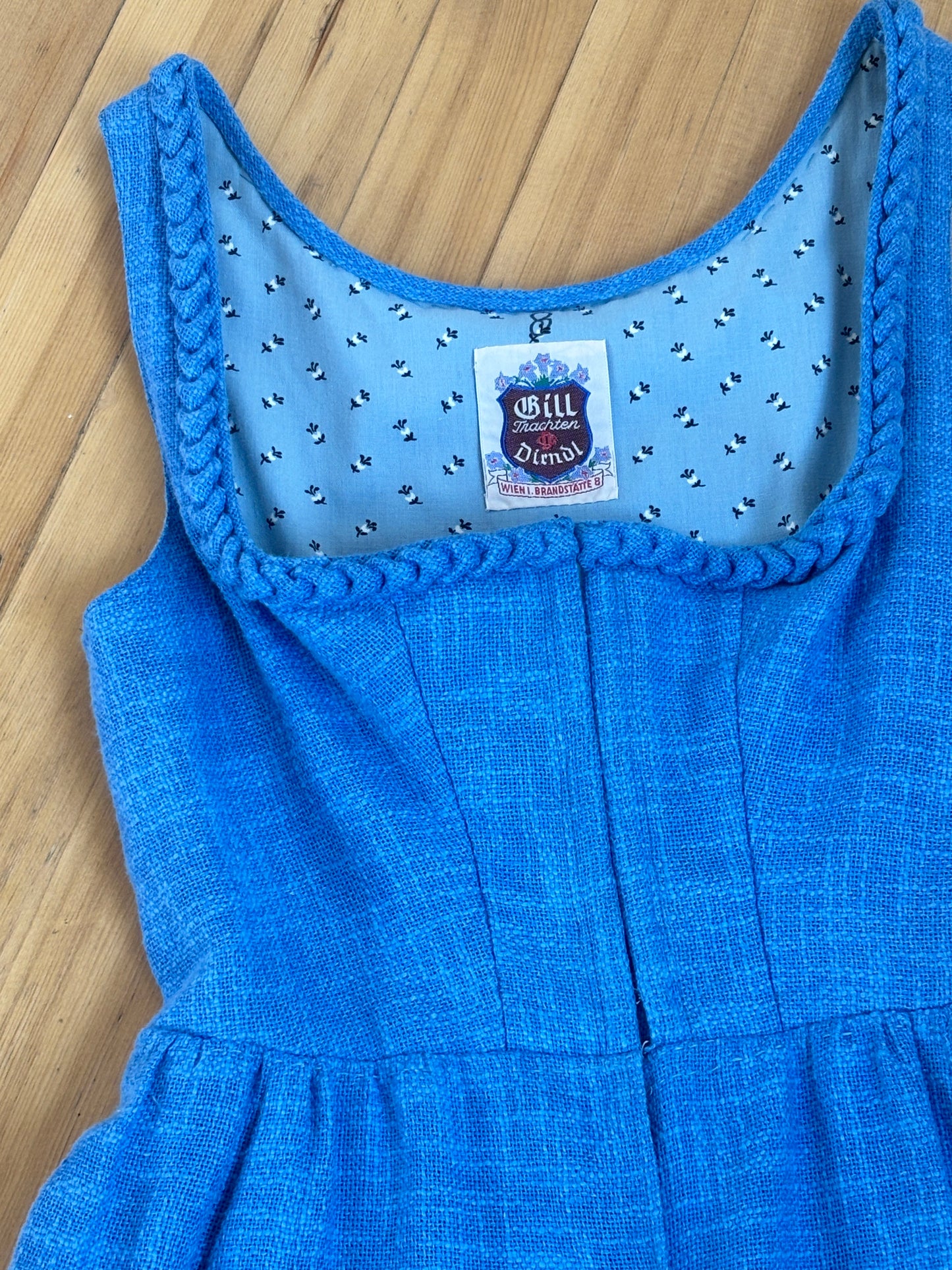 Vintage 1960s Dress - Wedgewood Blue Woven Cotton German Oktoberfest Dirndl Folk Corset Sundress Size S
