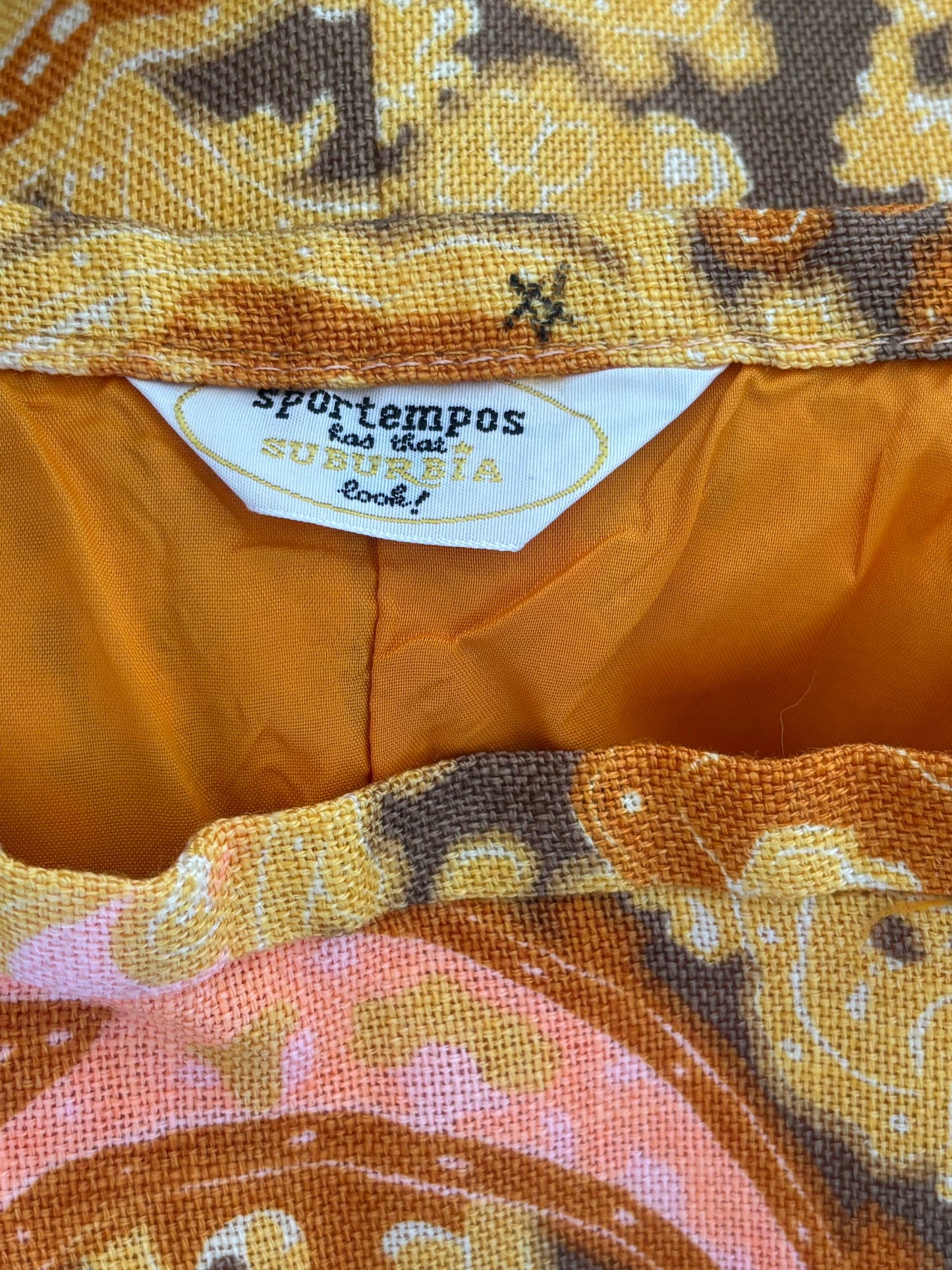 Vintage 1960s Skirt - Killer Butcher Linen Marigold + Pink Baroque Print Sheath Skirt Size S