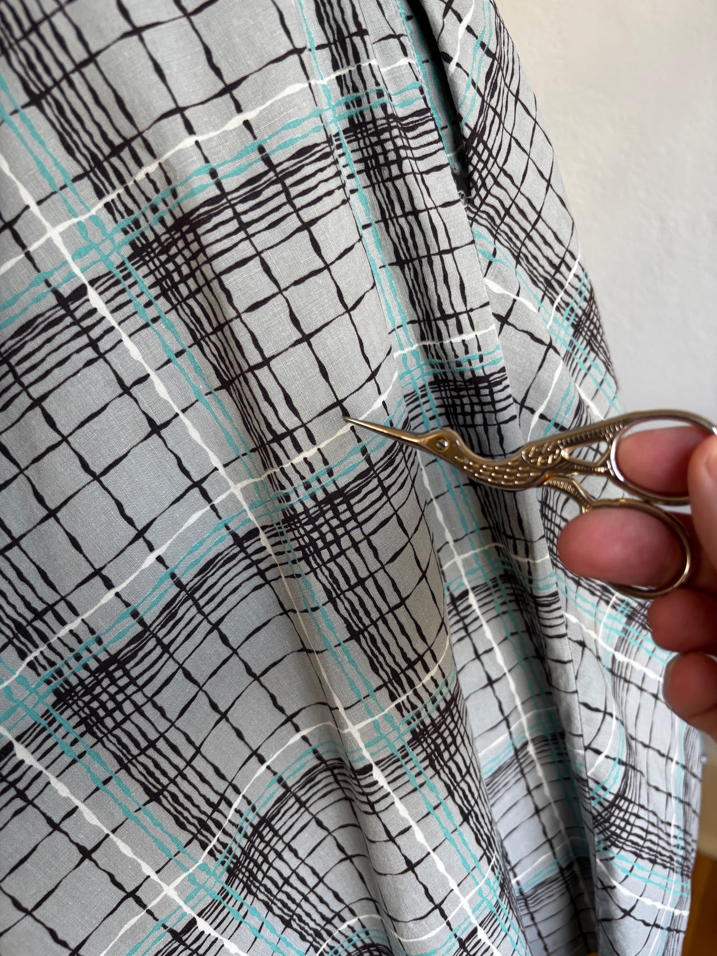 Vintage 1950s Dress - Sweetie-Pie Aqua White Black Grey Plaid Cardinal Cottons Dress Size L to XL