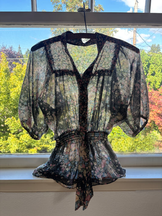 Vintage 1970s Blouse - Gorgeous Gauzy Cotton Voile Black Floral Bohemian Top Size XS to S