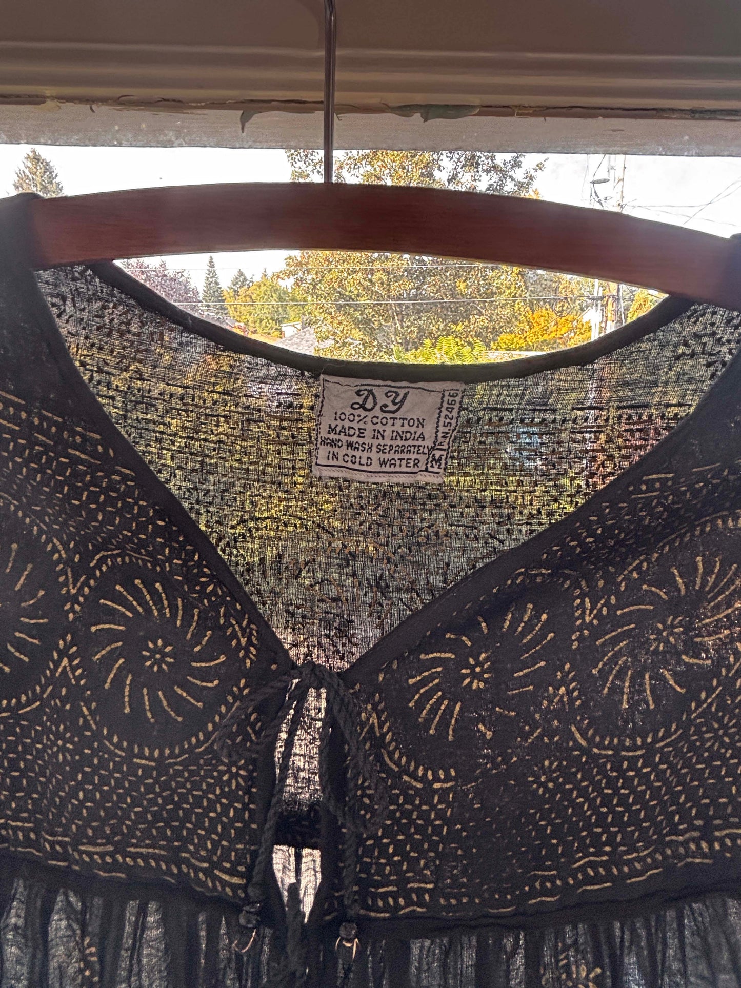 Vintage 1970s Indian Gown - Rare Black Gauze Cotton Block Print Metallic Gold Tunic Kaftan Dress Size S to M