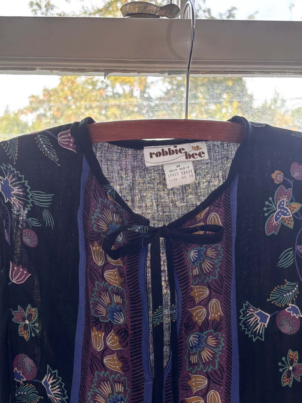 Vintage 1970s Rayon Gown - Indian-Inspired Boho Black Goth Border Print Robbie Bee Tent Tunic Size S to M