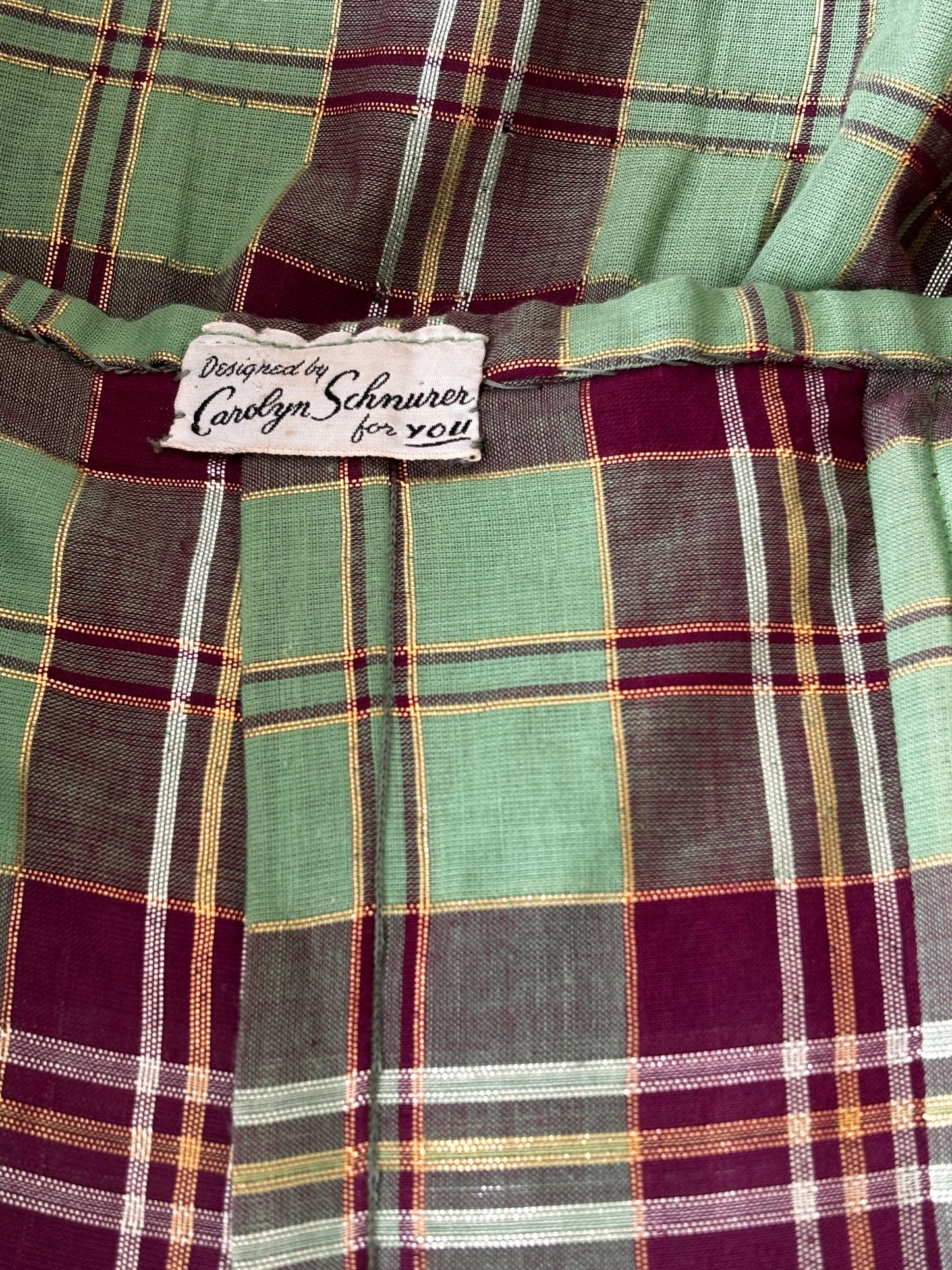 RARE Vintage 1950s Sundress Set - Designer Carolyn Schnurer ca. 1950 "Flight to India" Cotton Plaid Dress + Shawl Size S to M