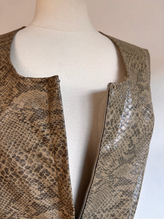 Vintage 1960s Vinyl Dress - Mod Snakeskin Print Front Zip Belted Designer Jumper Minidress Size S