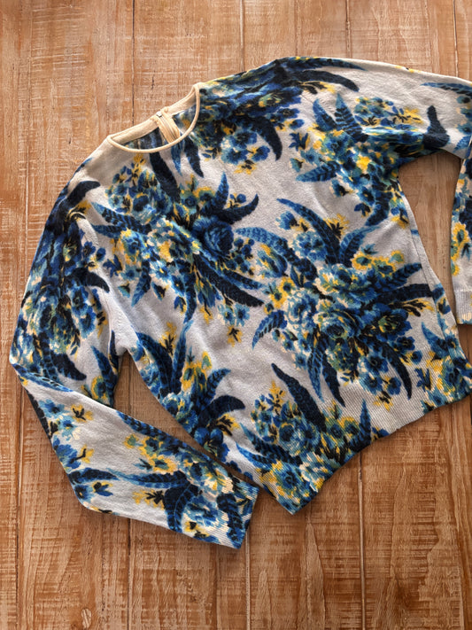 Vintage 1960s Sweater - Darlene? Lambswool Wool Pullover Top Blue Roses + Feather Print Size M to XL