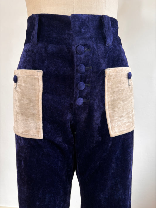 Vintage 1960s 1970s Velvet Bell Bottoms - Magical Violet-Sapphire + Ivory Unisex Flare Pants Trousers Size M to L