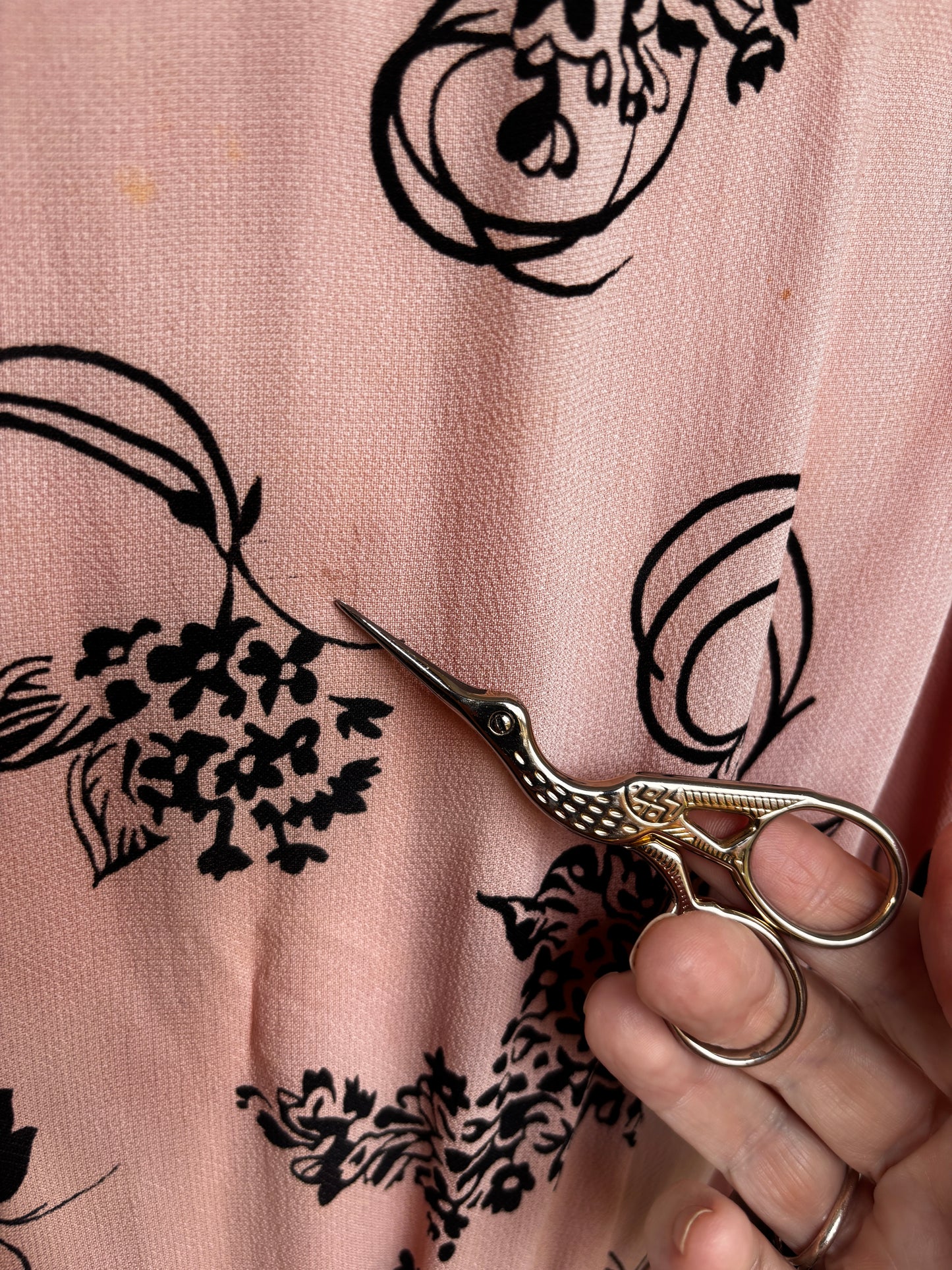 Vintage Late 1930s Dress - The Best! Pink + Black Butterfly Leaves Novelty Print Dress Size L to XL