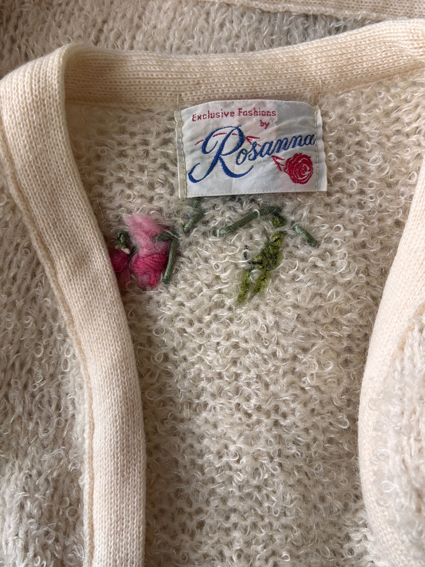 Vintage 1960s Sweater - Shaggy Mohair Designer Cardigan w Pink Red Velvet Roses + Embroidery Size M to XL