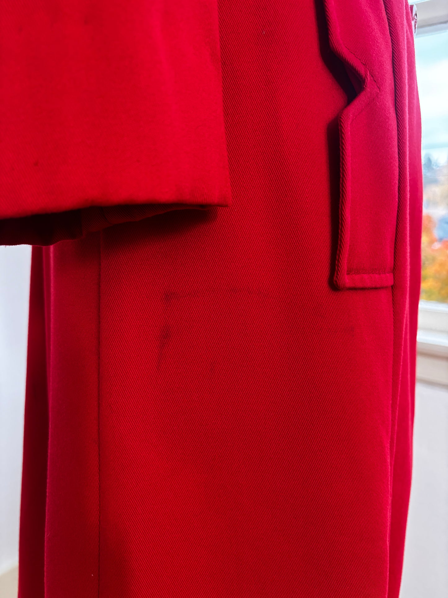 Vintage 1970s does 1940s All-Weather Coat - Noir Babe Scarlet Red Gabardine w Stabby Details Throughout! Size S to M