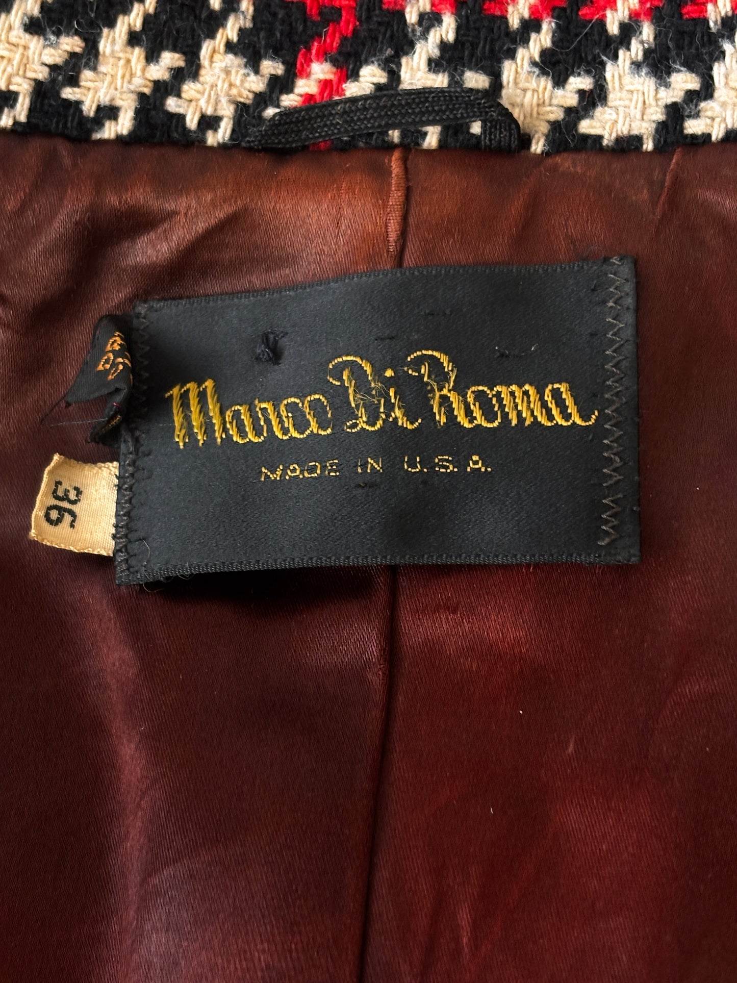 Vintage 1960s Designer Coat w Cape - RARE Sherlock Holmes Black Red Houndstooth Plaid Wool + Large Cloak Coat Size S to M