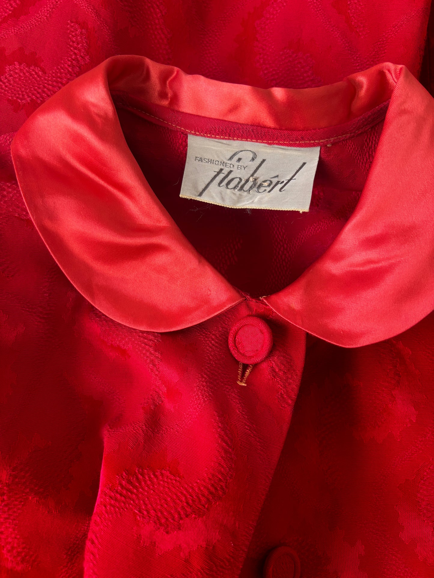 Vintage 1950s Dress - Mysterious Crescent Brocade + Satin Lipstick Red Tea Length Designer Party Dress Size XS to S