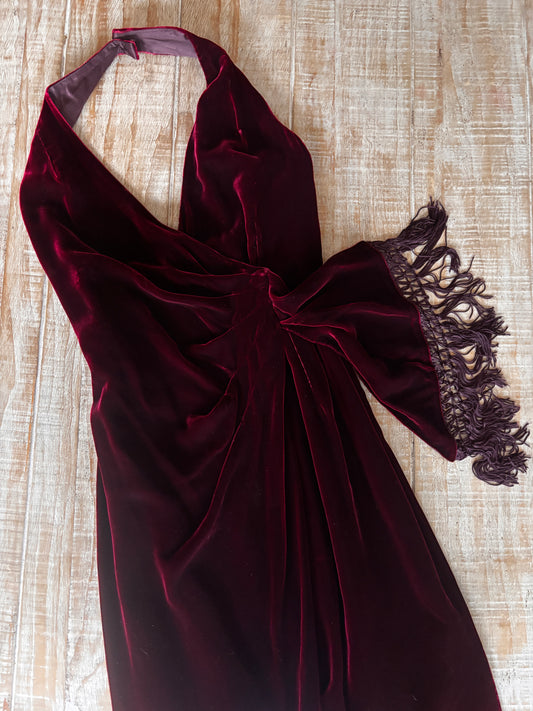 Vintage 1990s Dress - Exquisite Sculpted Wine Red Velvet Designer Cocktail Party Sarong Halter Dress Size S to M