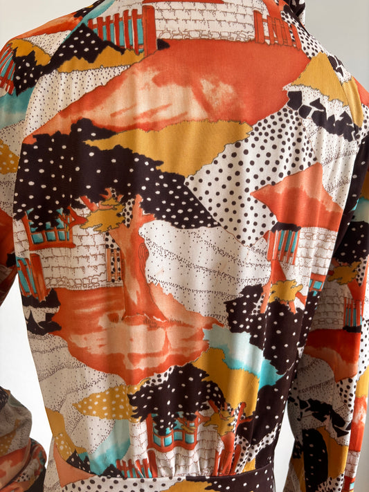 Vintage 1970s Metal Zipper HOODED Jacket - Adorable Creepy Polka Dot Trees + Cottages Deco Zip-Up Hoodie Size M to L