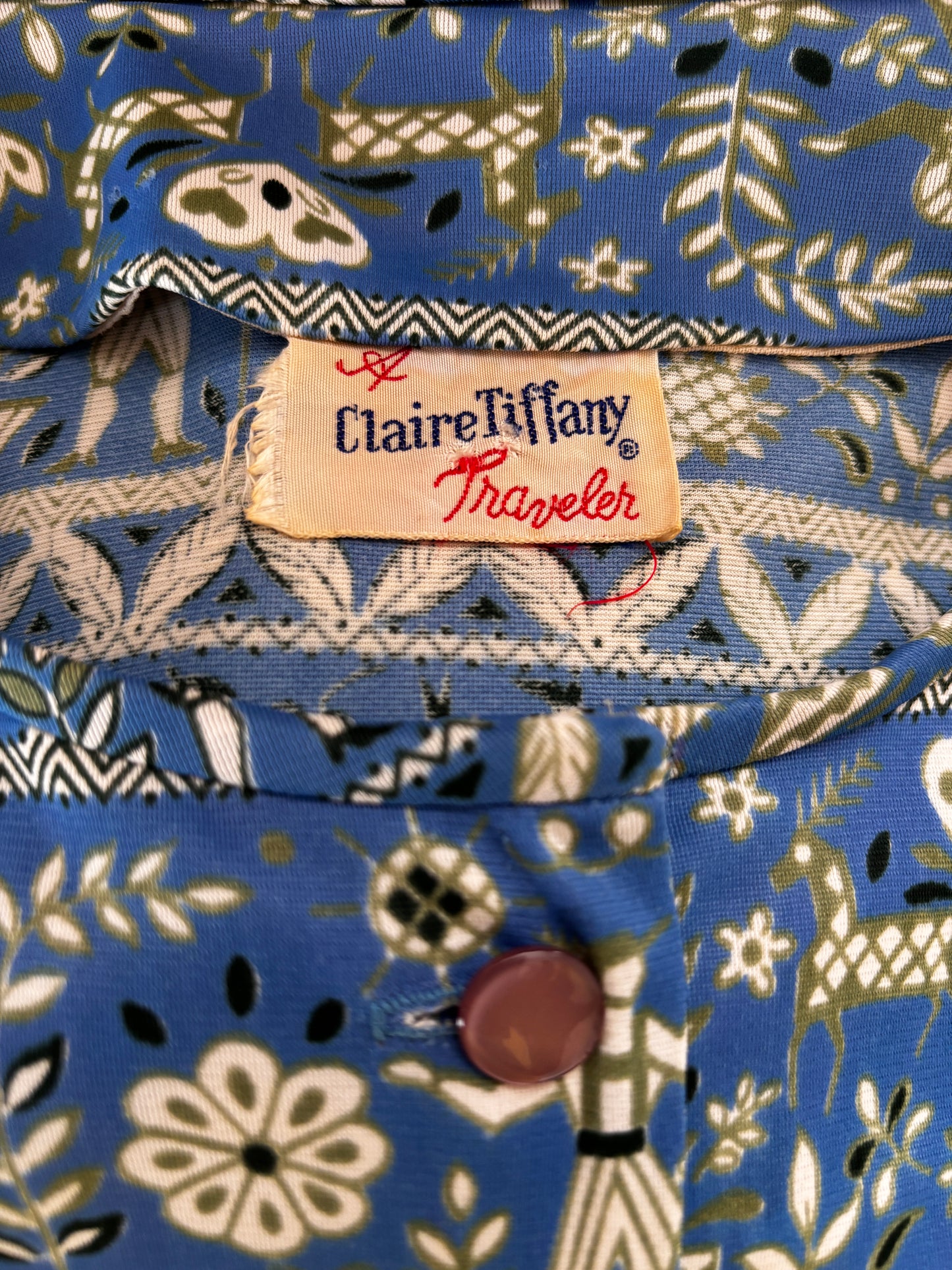 Vintage 1950s Dress - Volup! Tiffany Traveler Jersey Shirtwaist w Delphite + Olive Midsommar-esque Folk Reindeer Print Size L to XL