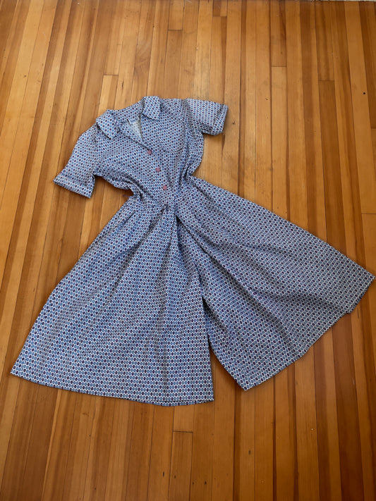 Vintage Early 1960s Split-Skirt Jumpsuit - Darling Blue Lavender Print Cotton Culottes Dress Size XS to S