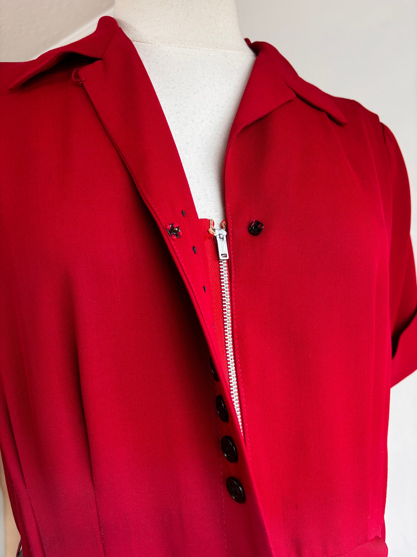 Vintage 1940s Dress - Lipstick Red Rayon Gabardine Front Metal Zipper Shirtwaist w 25 Bakelite Buttons! Size M to L