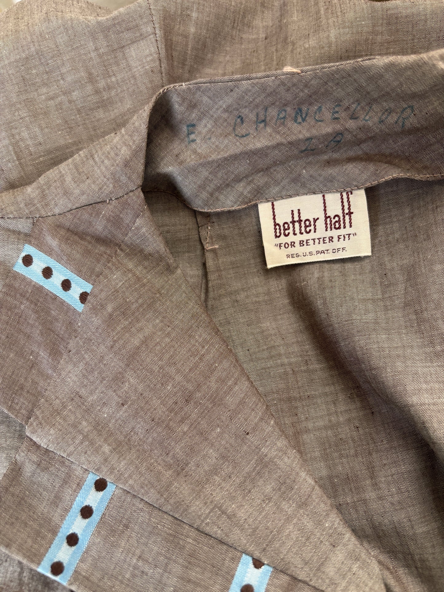 Vintage 1940s Dress - Cocoa Chambray "Better Fit" Coat Dress w Aqua Stripes + Polka Dots Size L