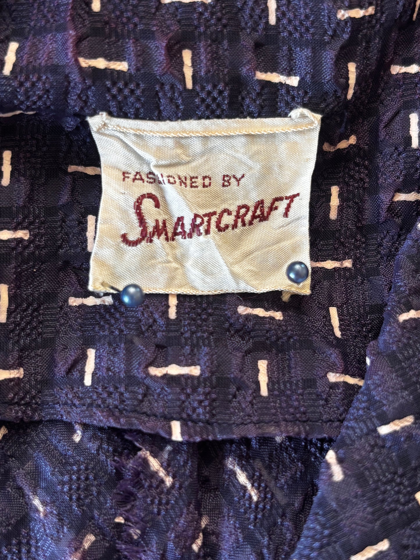 Vintage 1950s Dress - Sheer Midnight Blue Bias Seersucker w White "Bone" Print Size M to L