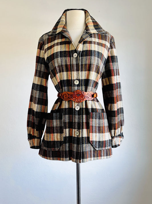 Vintage 1950s Plaid Chore Jacket - Tan, Cocoa, Cream, Orange, Green Wool Shirt-Jac Size M