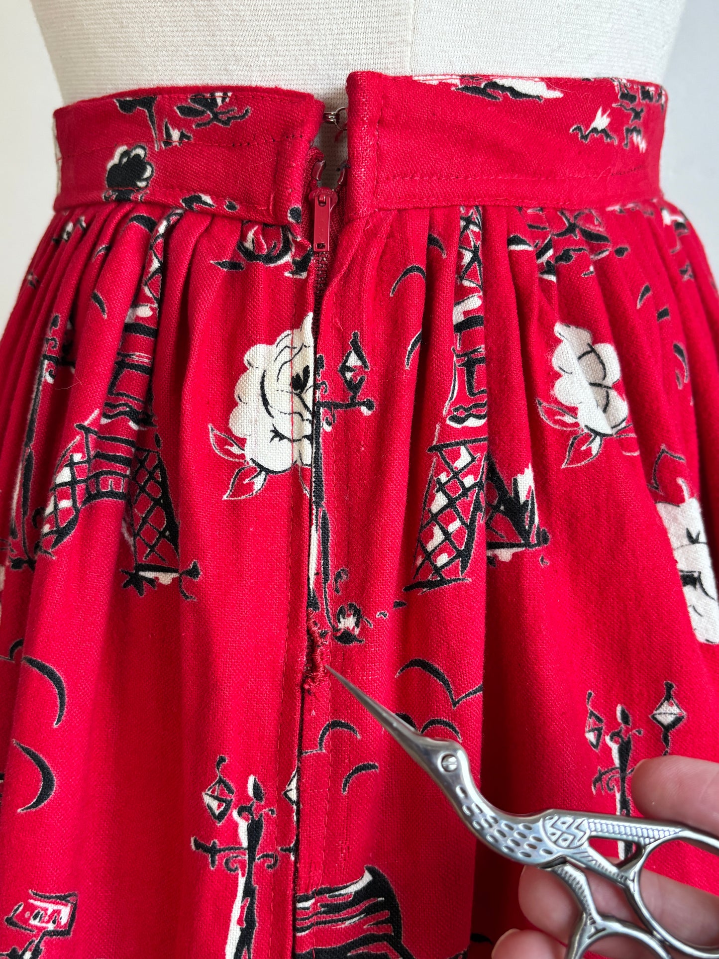 Vintage 1950s Novelty Skirt - Cherry Red French Poodles Eiffel Tower Paris Artist Cotton Flannel Size S