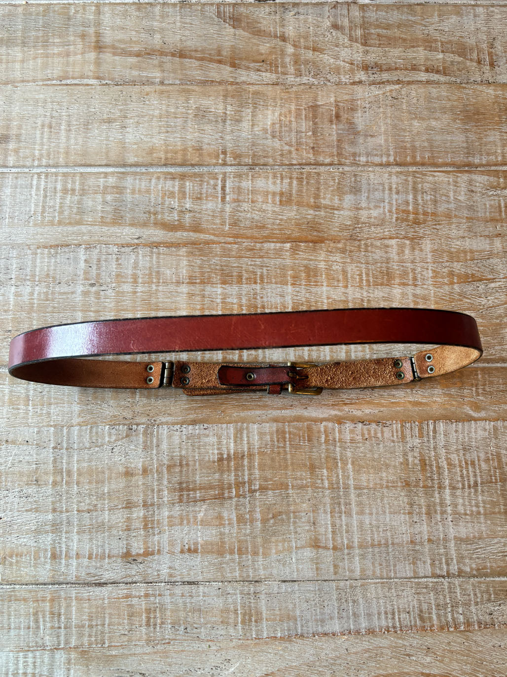 BELTOPIA! Vintage 1950s Double-Hinge Belt - Whiskey Leather + Brass Slim Cincher Size S to M