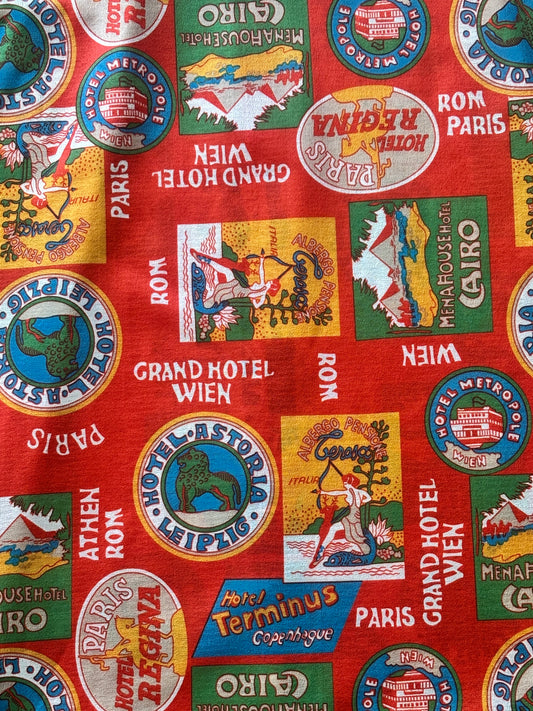 Vintage 1970s Novelty Print Dress - Red World Travel Tourist Luggage Label Dress Size S