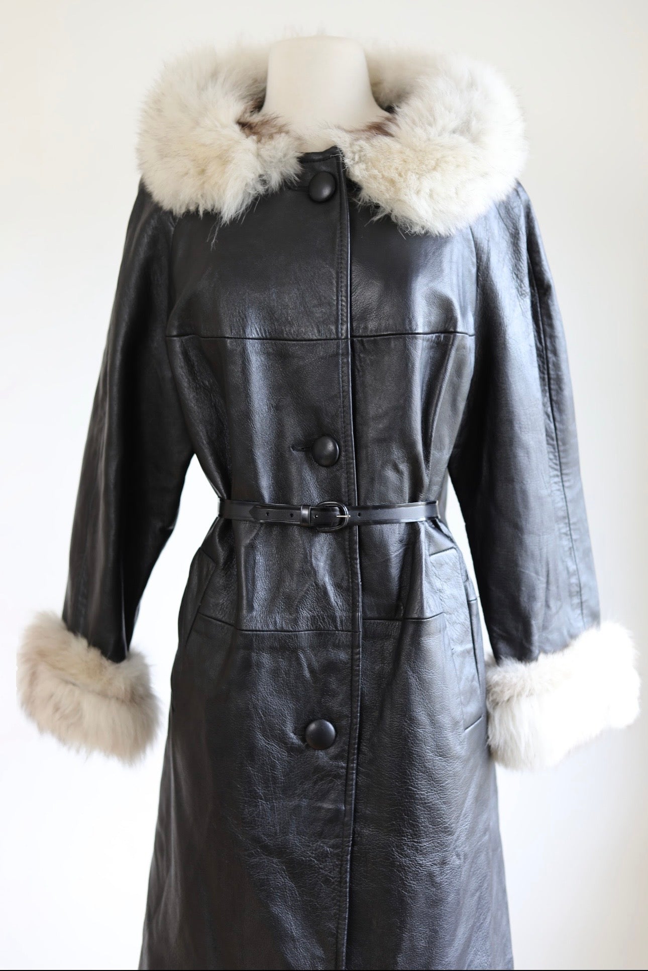 Vintage 1960s to 1970s Leather + Fox Coat - Luxe Black + Silver Arctic Fur Trench Size M to L