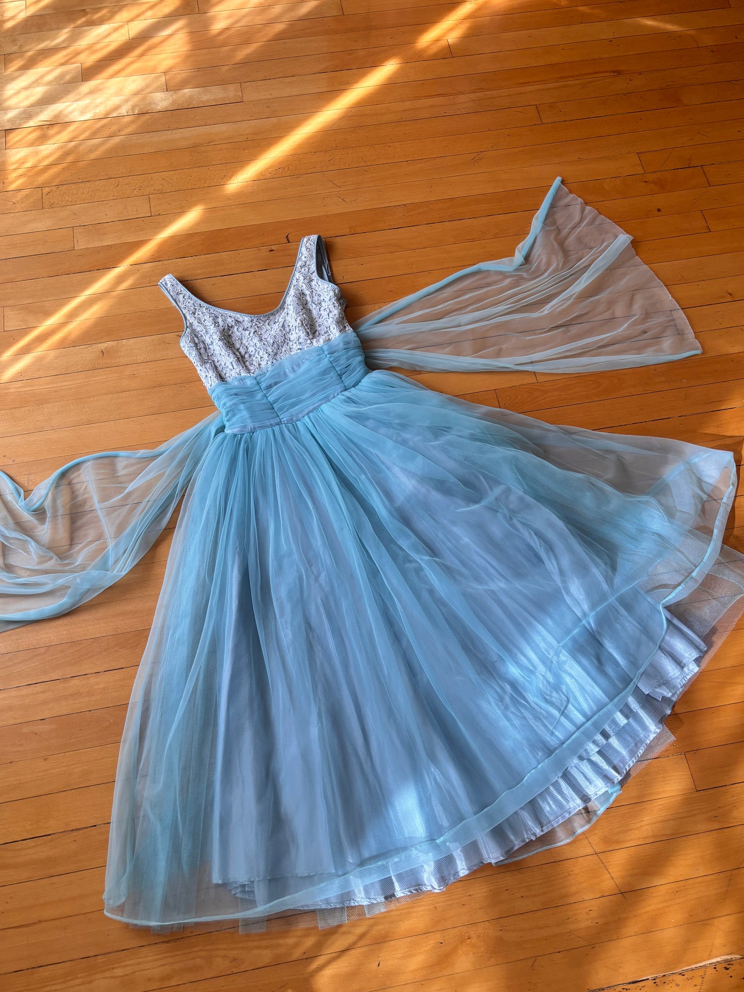 Vintage 1950s Chiffon Dress - Cinderella Dreams! Pale Blue White Metal-Studded Cupcake Gown w Trains Size S