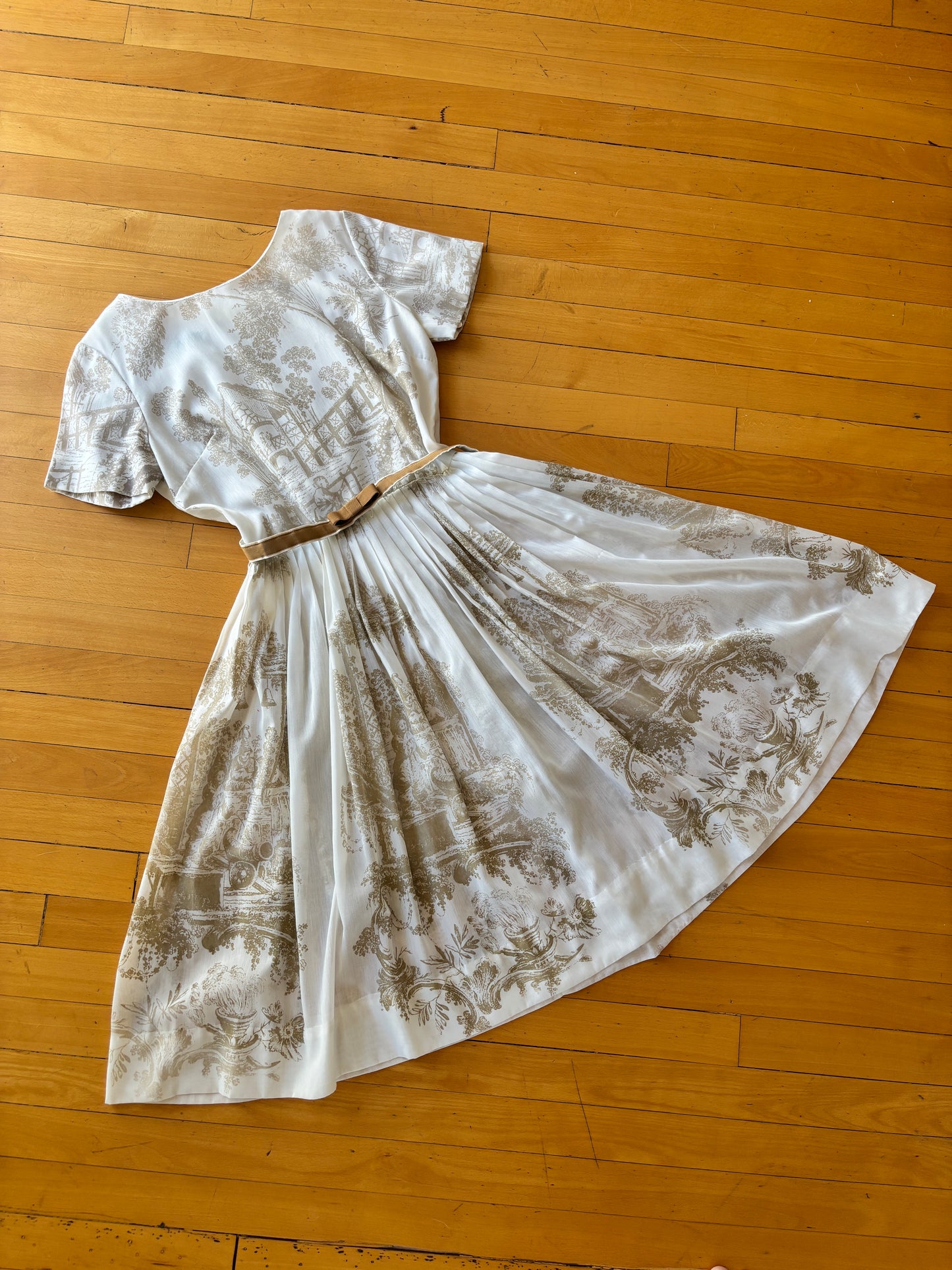 Vintage Documented Early 1960s Dress - Jonathan Logan Caramel Baroque Toile Novelty Print Voile Dress Size XS to S