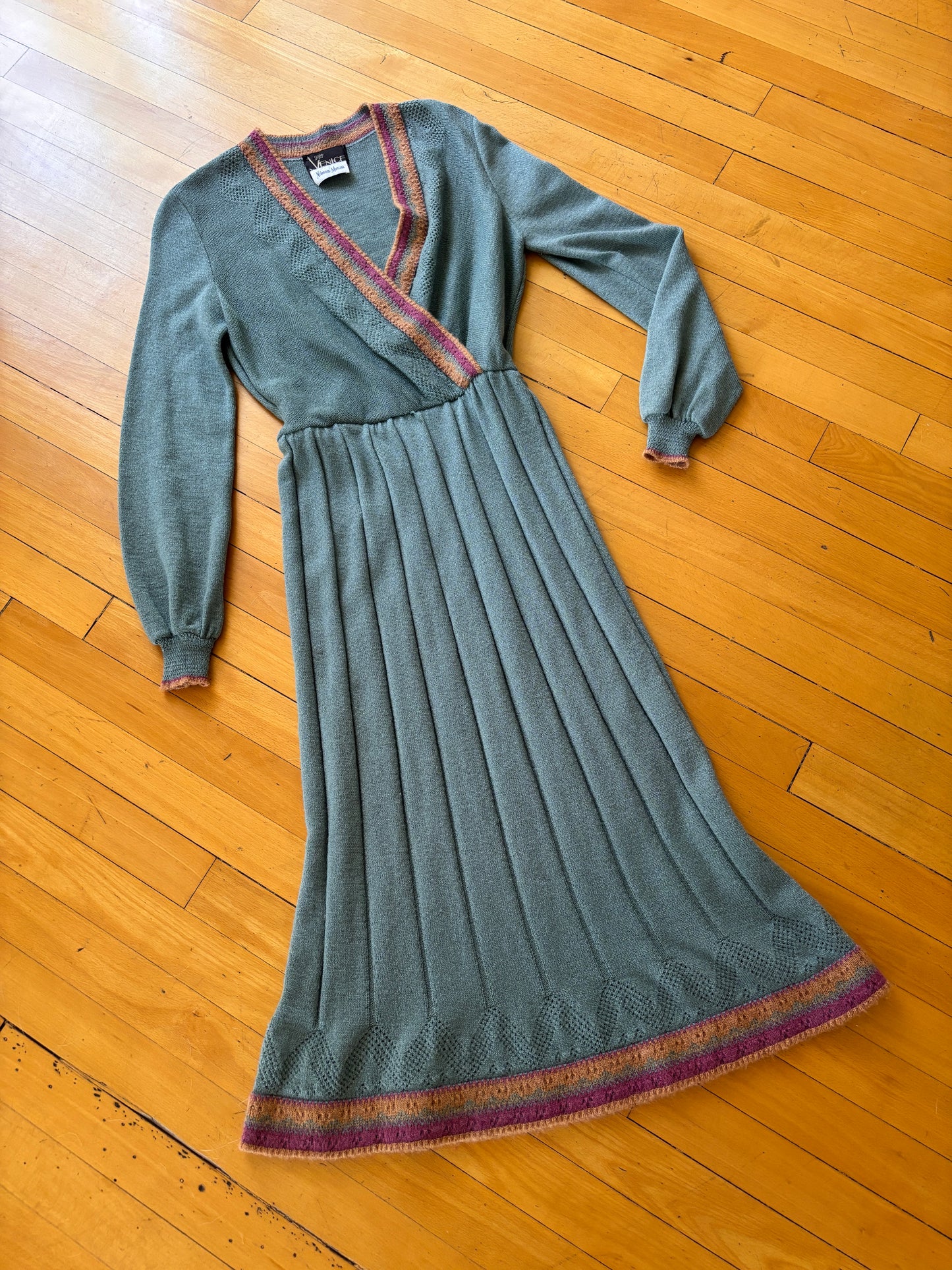 Vintage 1970s does 1940s Knit Dress - Neiman-Marcus Sea Foam Designer Knitwear w Pumpkin Plum Size S to L