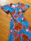 Vintage 1970s Wide Leg Jumpsuit - Wild Blue Pink Tan Psychedelic Jersey Flutter Sleeve Bell Bottom Romper Size S