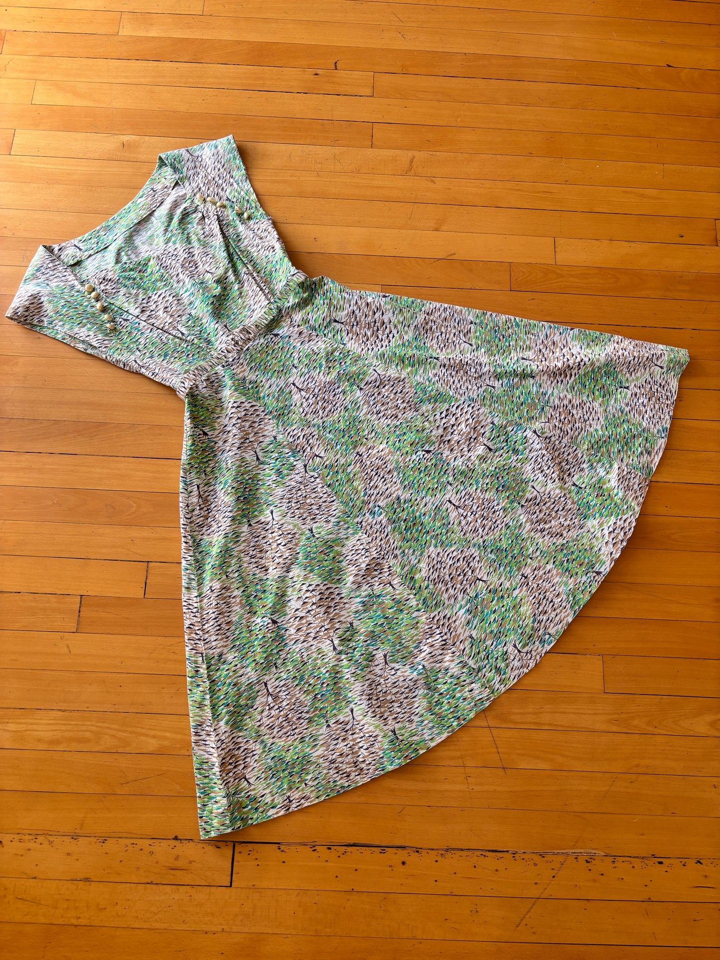 Vintage 1940s to 1950s Dress - Escher Style Novelty Print Summer to Autumn Trees Cotton Sundress Size S