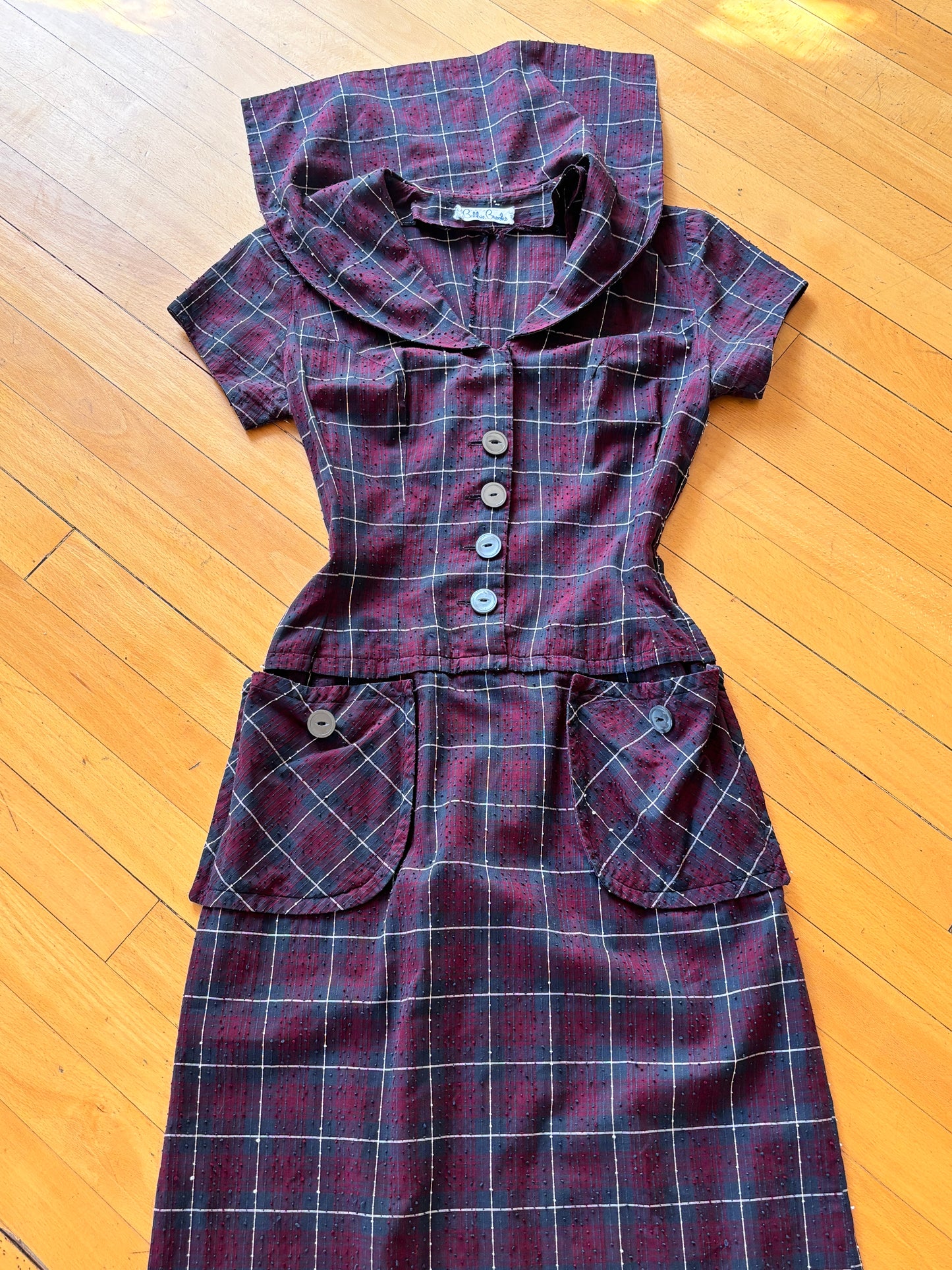 Vintage 1950s Dress - Pert Wine Charcoal Window Pane Plaid Cotton Bobbie Brooks Princess Dress Size S